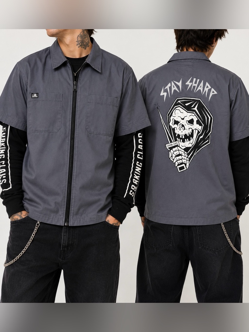 Lurking Class Stay Sharp Zip Work Shirt Jacket Gray Skull Graphic Men’s Medium